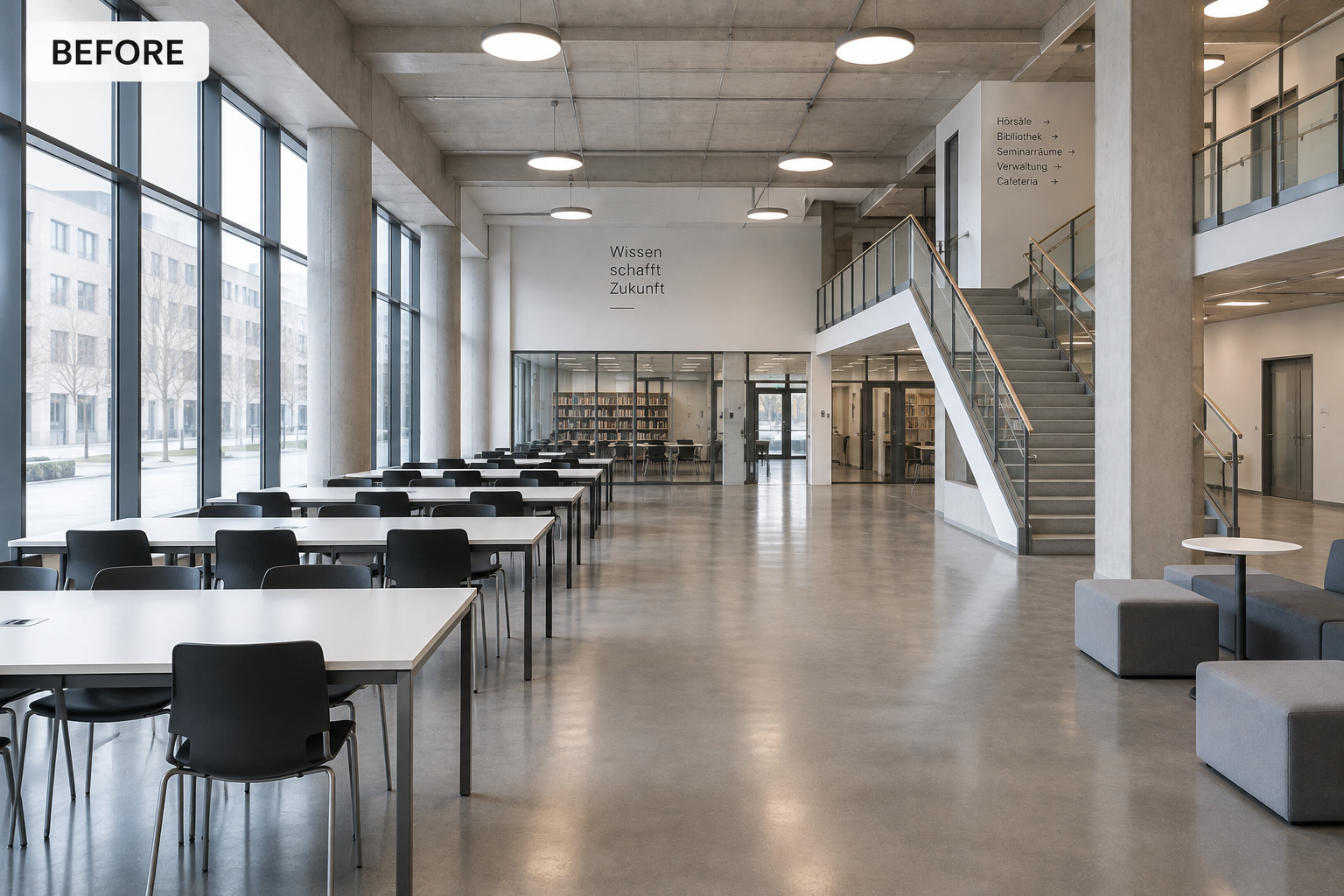 Bestehender universitärer Lernraum vor der Begrünung